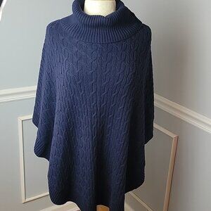 TALBOTS Navy Blue Cable Knit Button Collar Turtleneck Preppy Poncho Sweater S